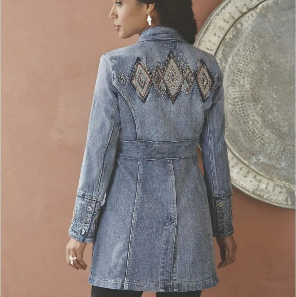 Embroidered Aztec Rhinestone Denim Blazer Jacket